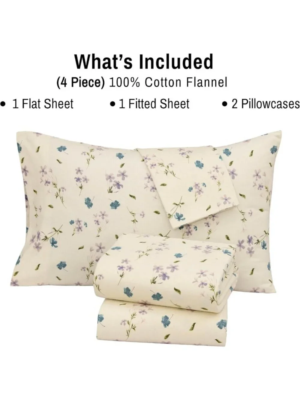 Cozy 100% Cotton Flannel Queen Sheet Set, 4 Pieces, Jasmine Floral Print